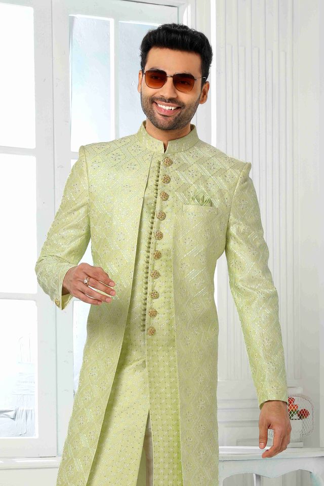 Raivat Ethnic Art Silk Embroidery Work 2 Pcs Indo Jacket Set In Pista Green Colour