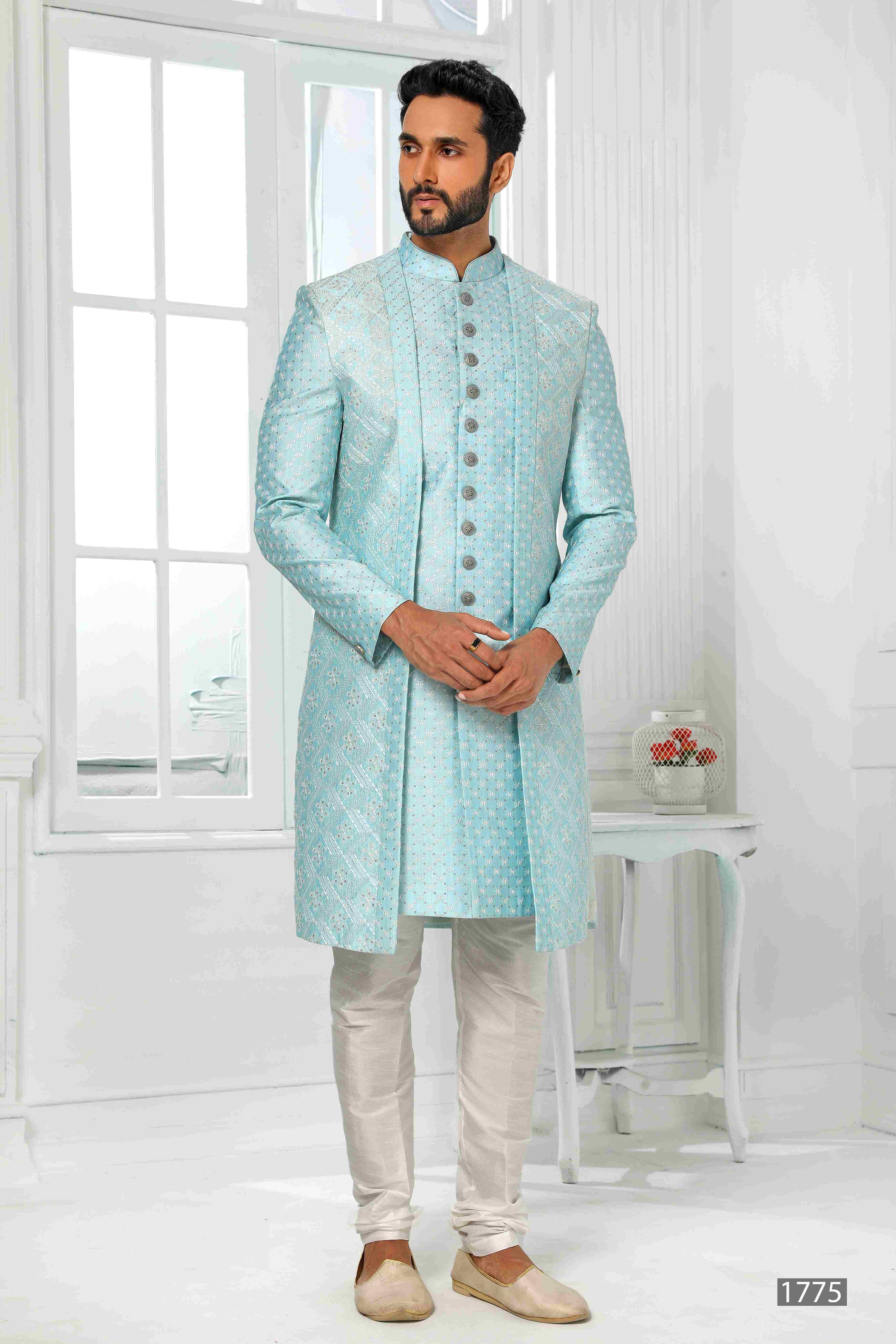 Raivat Ethnic Art Silk Embroidery Work 3 Pcs Indo Jacket Set In Sky Blue Colour