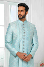 Raivat Ethnic Art Silk Embroidery Work 3 Pcs Indo Jacket Set In Sky Blue Colour