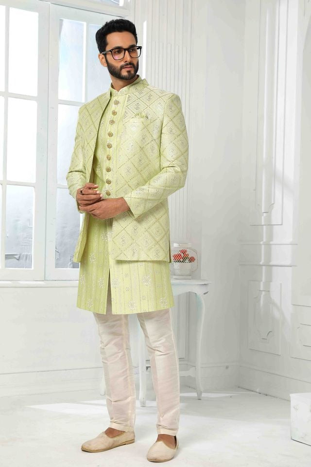 Raivat Ethnic Art Silk Embroidery Work 3 Pcs Indo Jacket Set In Pista Green Colour