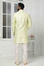 Raivat Ethnic Art Silk Embroidery Work 3 Pcs Indo Jacket Set In Pista Green Colour