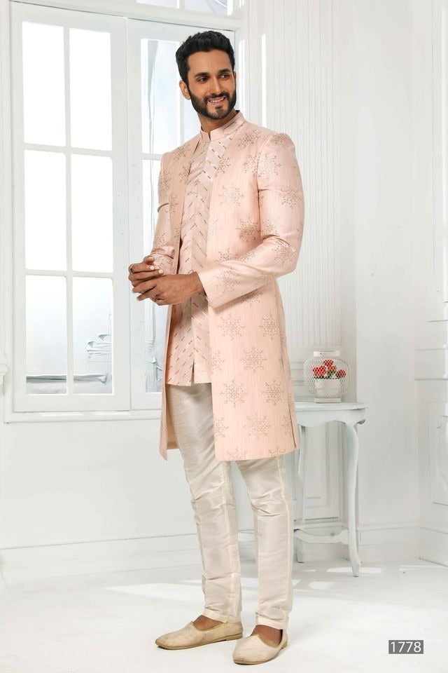 Raivat Ethnic Art Silk Embroidery Work 3 Pcs Indo Jacket Set In Light Pink Colour