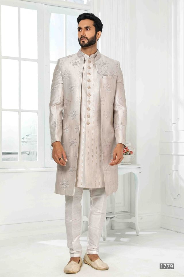 Raivat Ethnic Art Silk Embroidery Work 3 Pcs Indo Jacket Set In Light Grey Colour