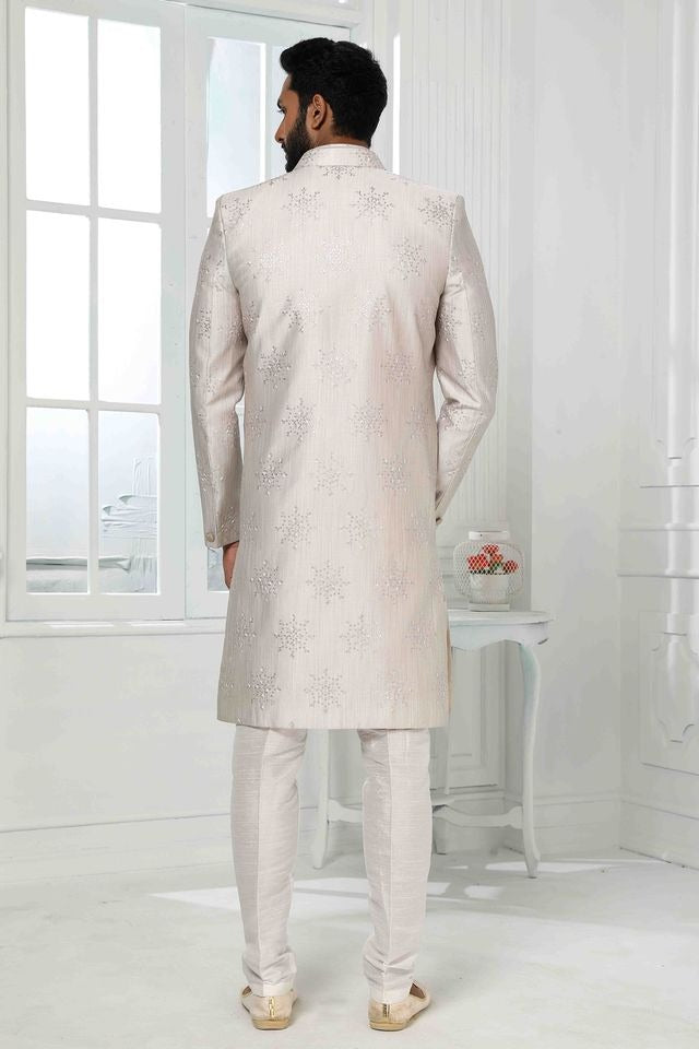 Raivat Ethnic Art Silk Embroidery Work 3 Pcs Indo Jacket Set In Light Grey Colour