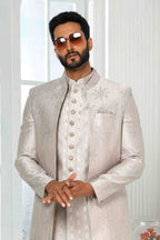 Raivat Ethnic Art Silk Embroidery Work 3 Pcs Indo Jacket Set In Light Grey Colour