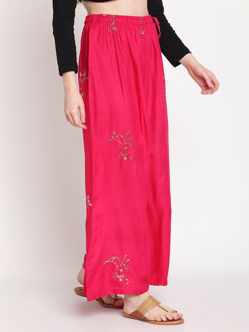 TAG 7 Women Pink & Gold-Toned Ethnic Motifs Embellished Flared Palazzos