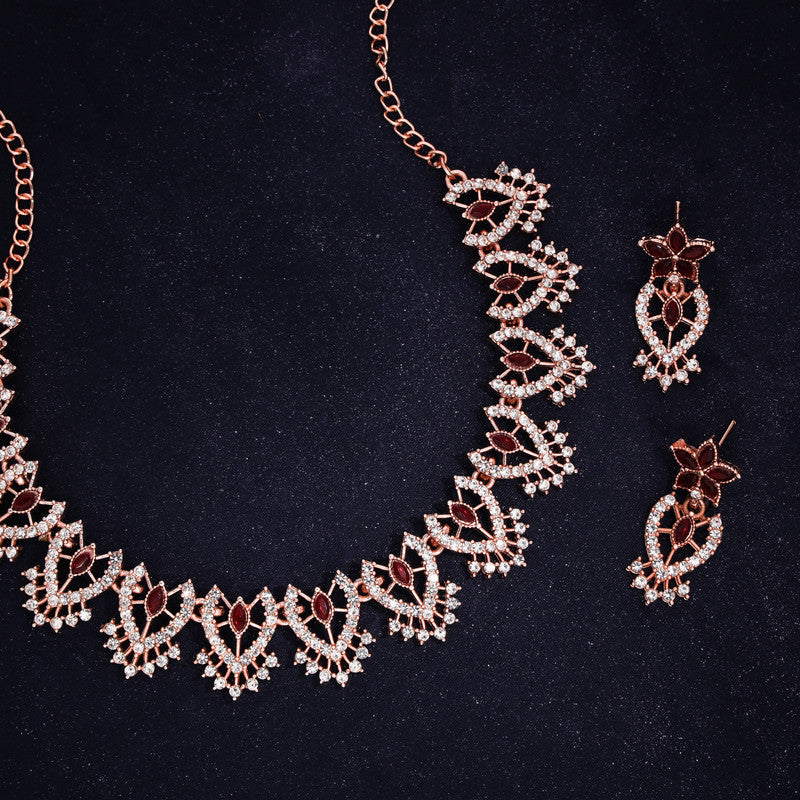 Tehzeeb Creations Maroon Colour Sparkle Stone Studded Necklace With Earrings