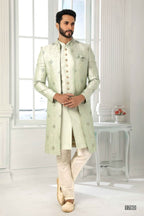 Raivat Ethnic Art Silk Embroidery Work 3 Pcs Indo Jacket Set In Pista Green Colour