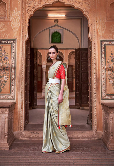 Anaita Light Green Pure Satin Silk With Zari Weaving Saree With Blouse