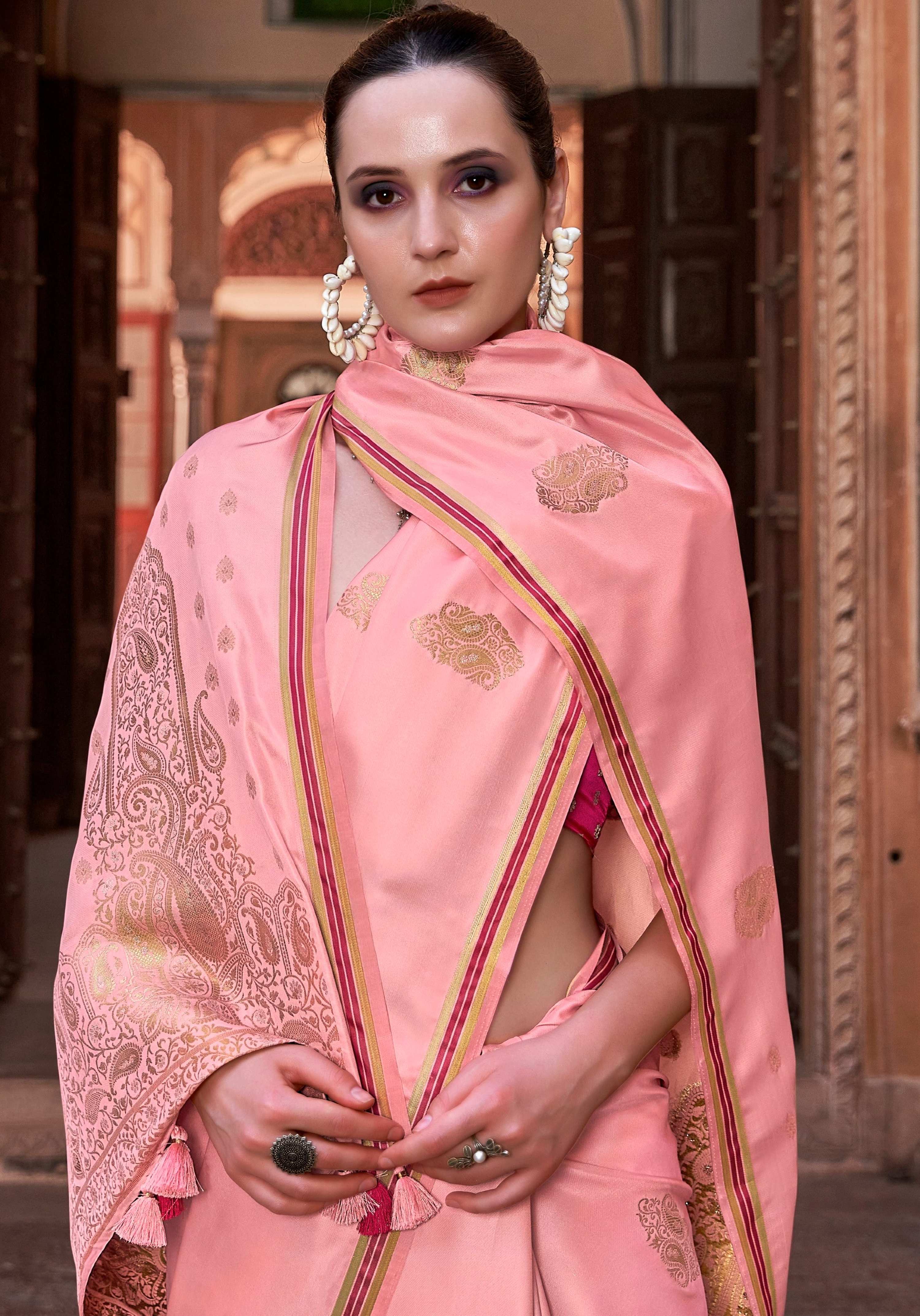 Anaita Peach Pure Satin Silk With Zari Weaving Saree With Blouse - Distacart