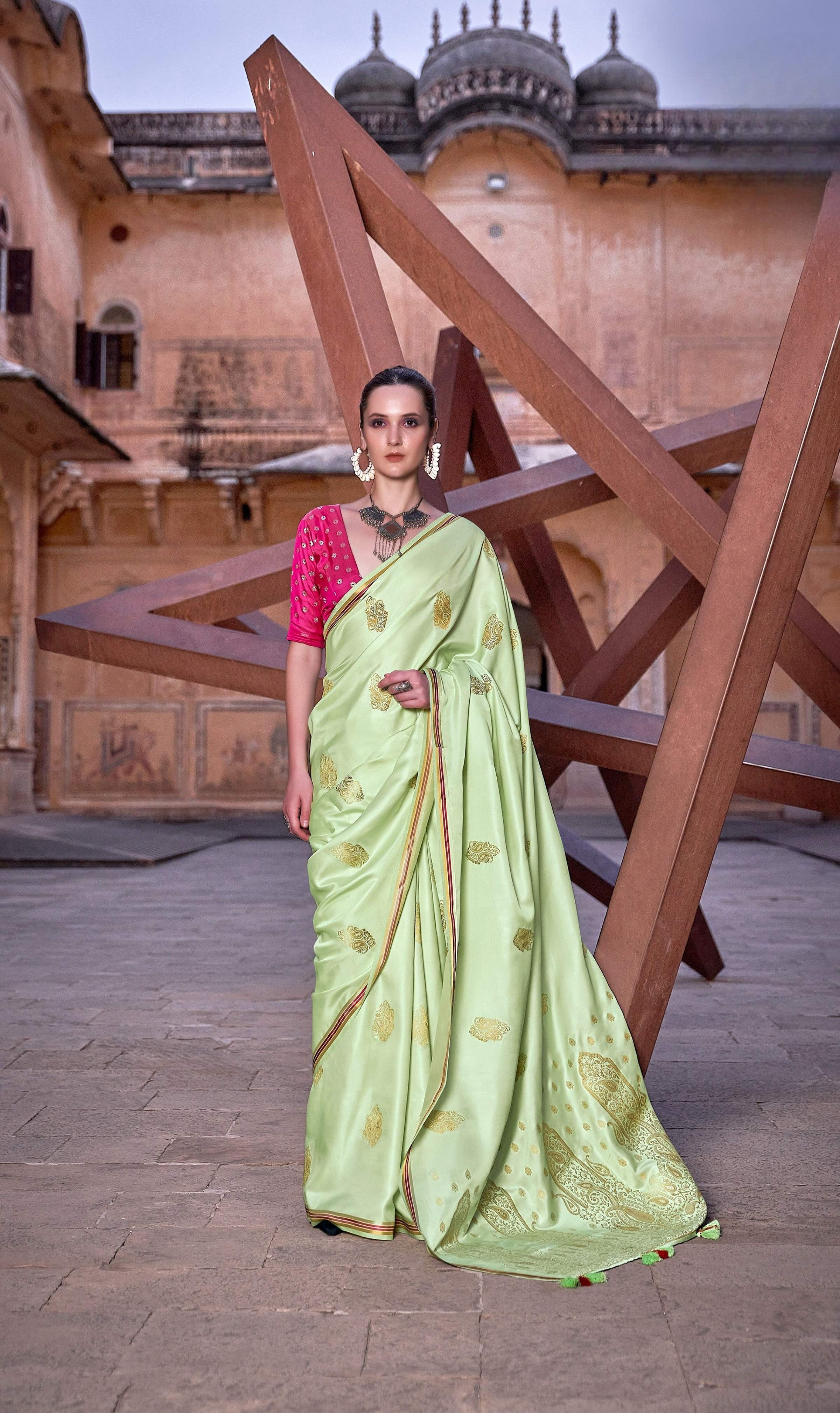 Anaita Green Pure Satin Silk With Zari Weaving Saree With Blouse - Distacart