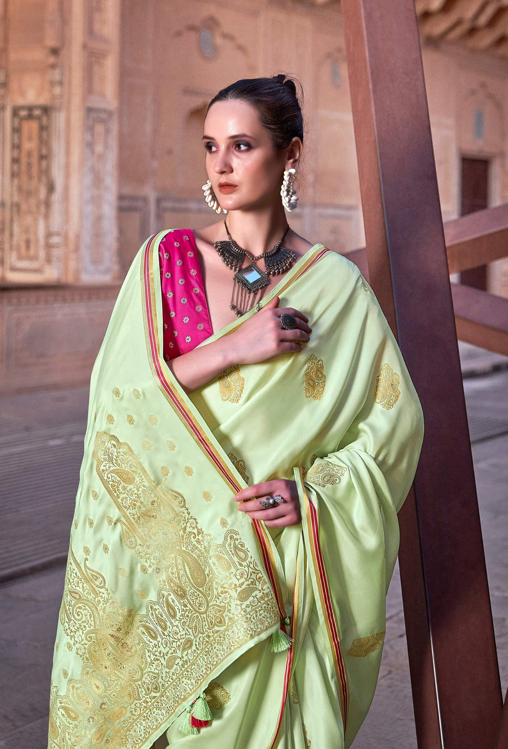 Anaita Green Pure Satin Silk With Zari Weaving Saree With Blouse - Distacart
