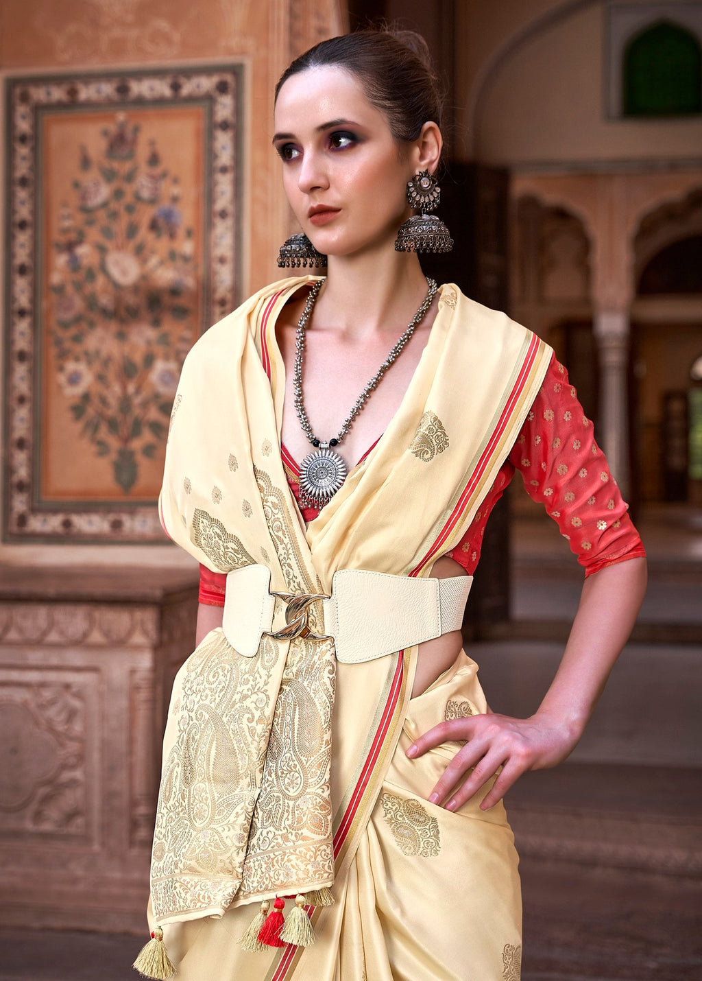 Anaita Cream Pure Satin Silk With Zari Weaving Saree With Blouse - Distacart