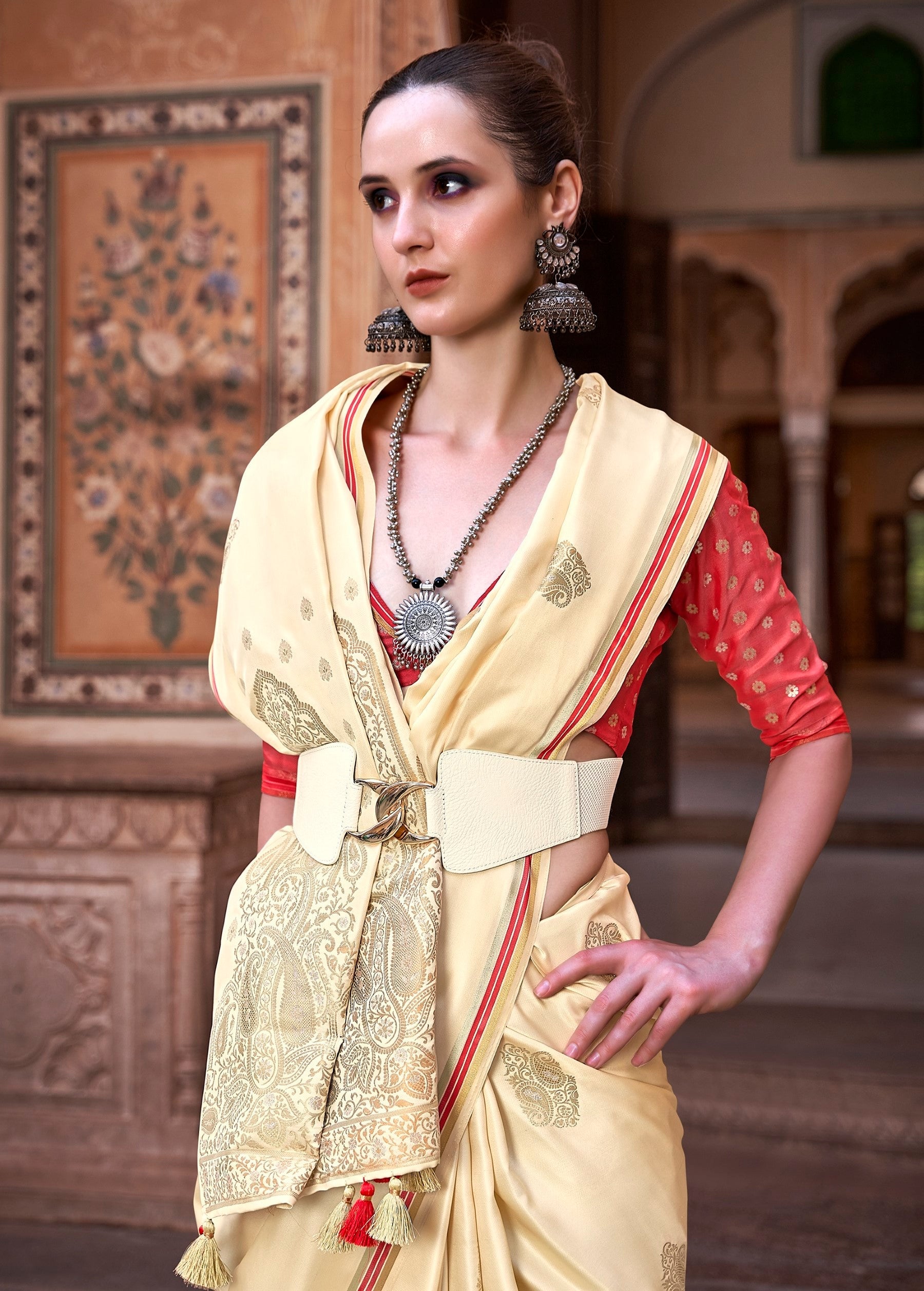 Anaita Cream Pure Satin Silk With Zari Weaving Saree With Blouse - Distacart