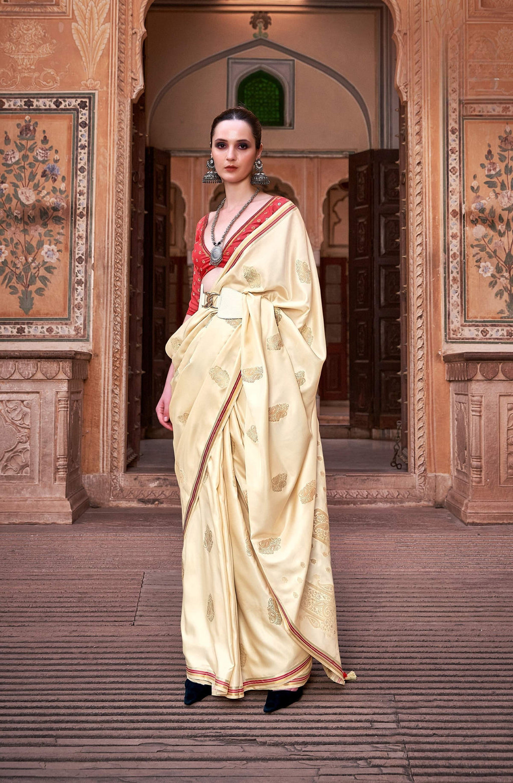 Anaita Cream Pure Satin Silk With Zari Weaving Saree With Blouse - Distacart