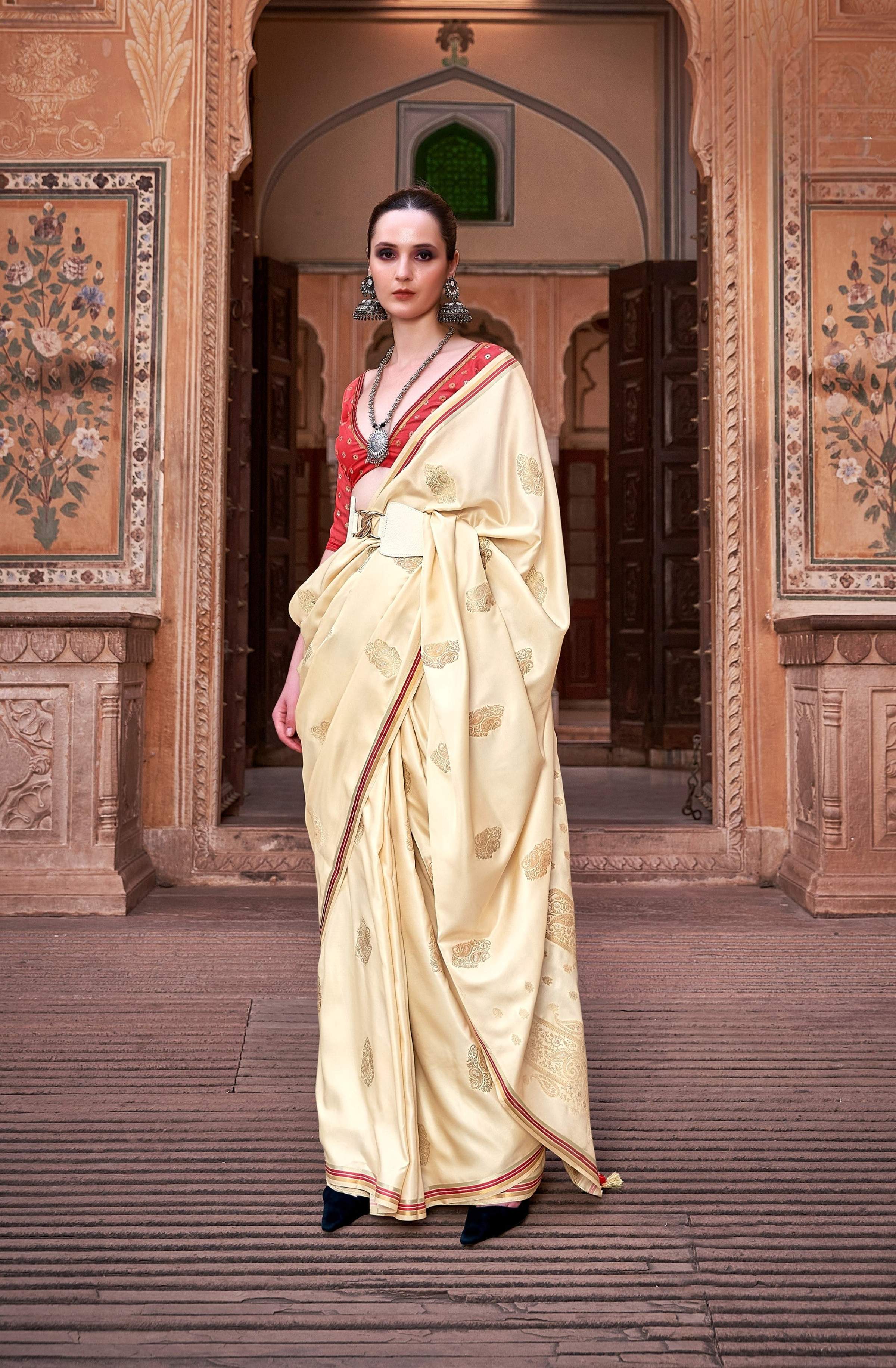 Anaita Cream Pure Satin Silk With Zari Weaving Saree With Blouse - Distacart