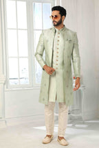 Raivat Ethnic Art Silk Embroidery Work 3 Pcs Indo Jacket Set In Pista Green Colour