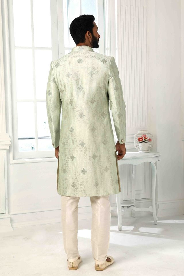 Raivat Ethnic Art Silk Embroidery Work 3 Pcs Indo Jacket Set In Pista Green Colour