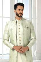 Raivat Ethnic Art Silk Embroidery Work 3 Pcs Indo Jacket Set In Pista Green Colour