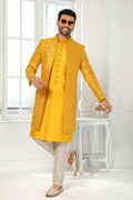 Raivat Ethnic Art Silk Embroidery Work 3 Pcs Indo Jacket Set In Yellow Colour