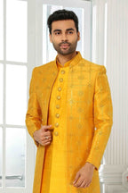 Raivat Ethnic Art Silk Embroidery Work 3 Pcs Indo Jacket Set In Yellow Colour