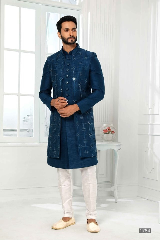 Raivat Ethnic Art Silk Embroidery Work 3 Pcs Indo Jacket Set In Teal Colour