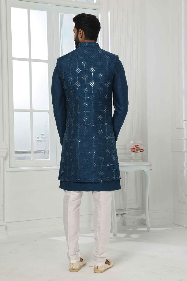 Raivat Ethnic Art Silk Embroidery Work 3 Pcs Indo Jacket Set In Teal Colour