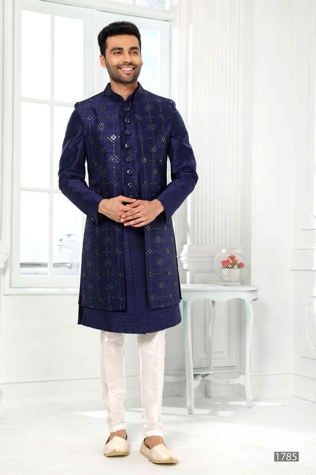 Raivat Ethnic Art Silk Embroidery Work 3 Pcs Indo Jacket Set In Blue Colour