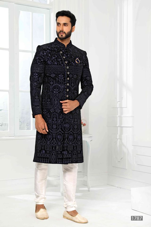 Raivat Ethnic Art Silk Embroidery Work Sherwani In Navy Blue Colour