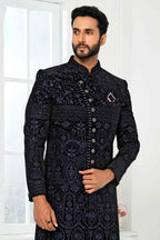 Raivat Ethnic Art Silk Embroidery Work Sherwani In Navy Blue Colour