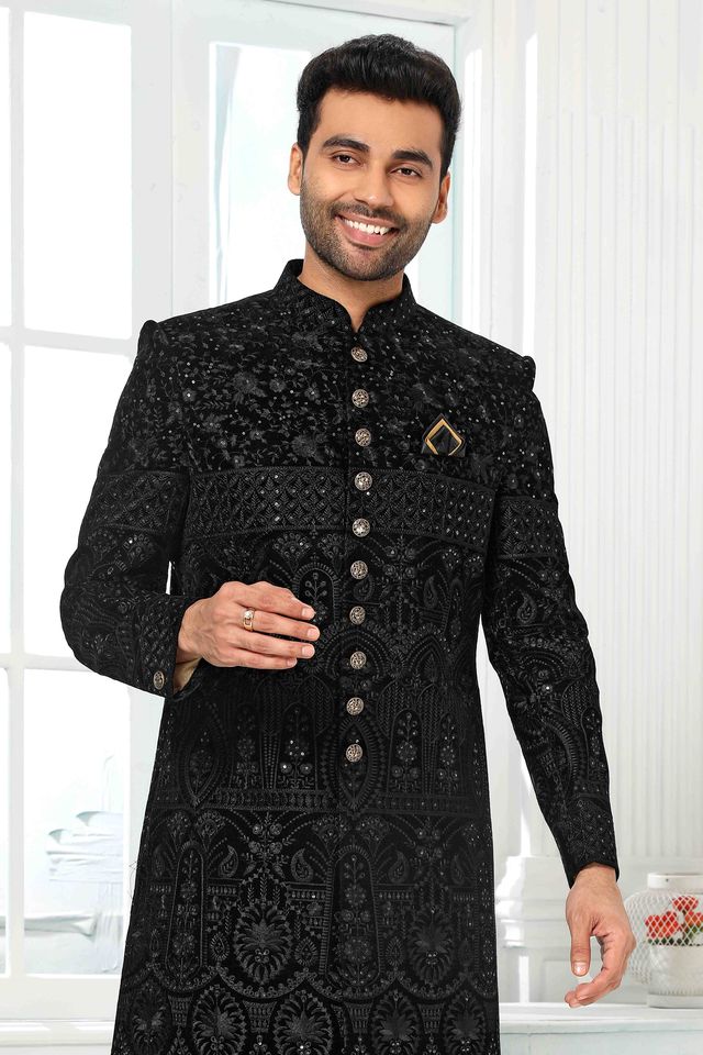 Raivat Ethnic Art Silk Embroidery Work Sherwani In Black Colour