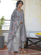 Vaasva Women's Ash Grey Silk Digital Printed Suit Set