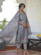 Vaasva Women's Ash Grey Silk Digital Printed Suit Set