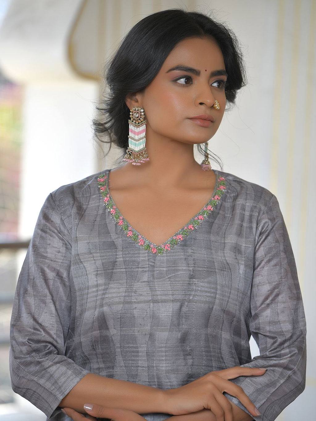 Vaasva Women's Ash Grey Silk Digital Printed Suit Set
