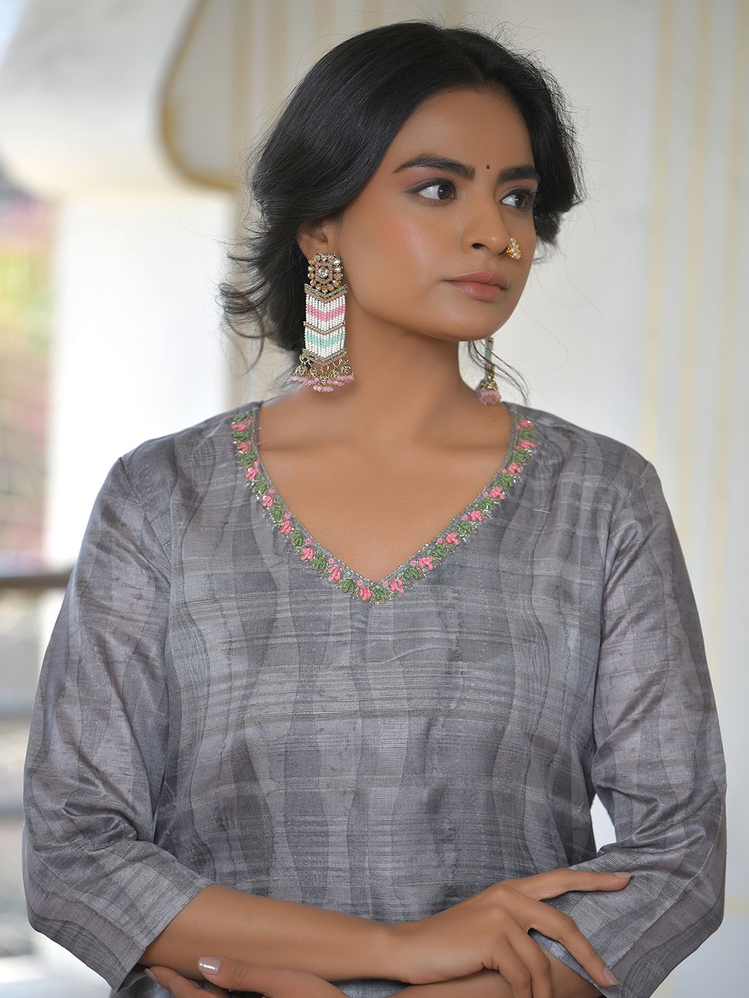 Vaasva Women's Ash Grey Silk Digital Printed Suit Set