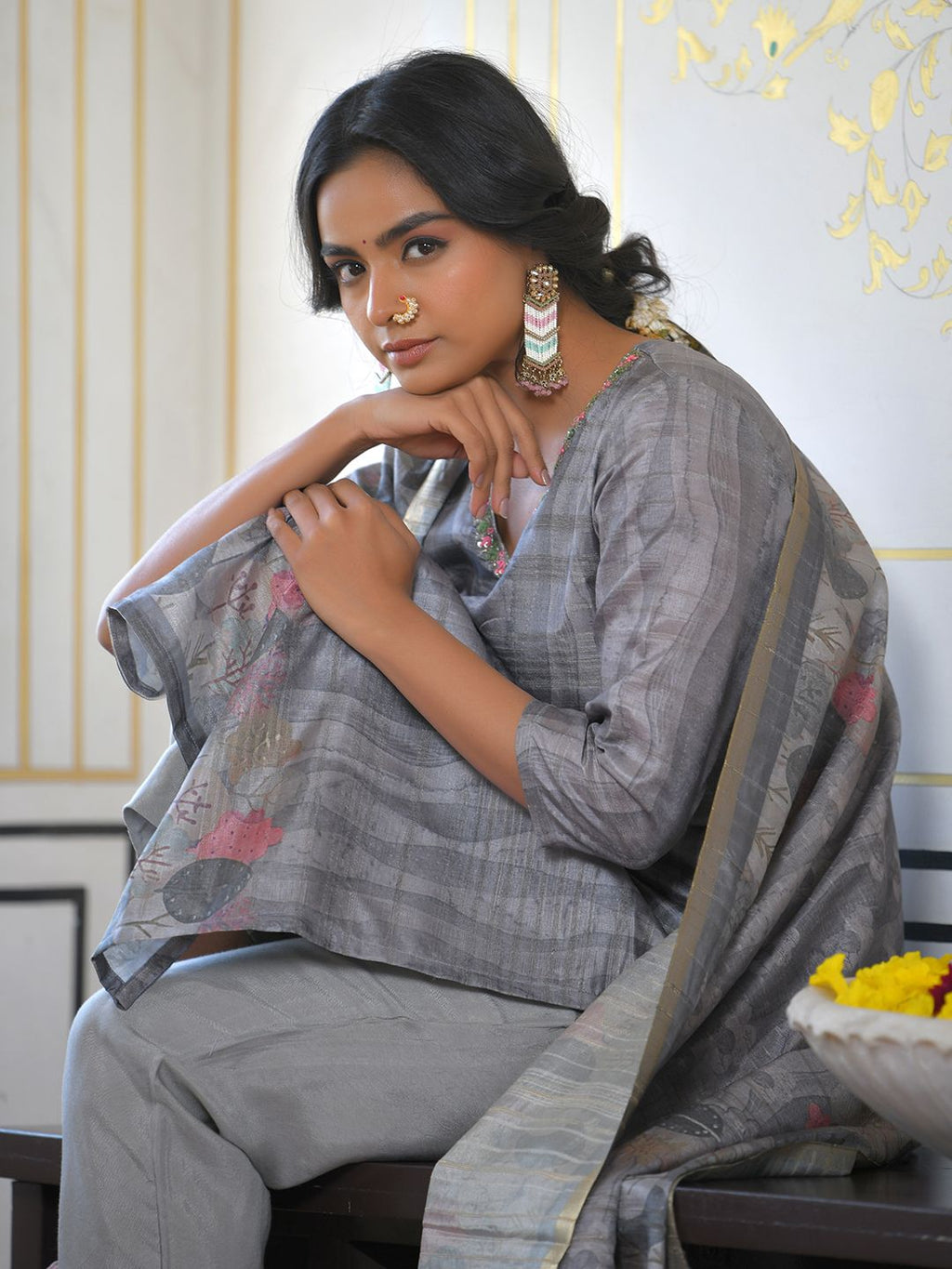 Vaasva Women's Ash Grey Silk Digital Printed Suit Set