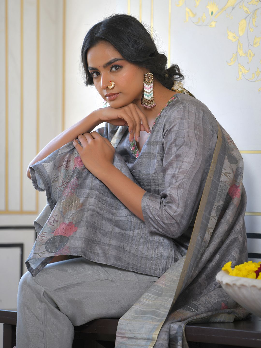 Vaasva Women's Ash Grey Silk Digital Printed Suit Set