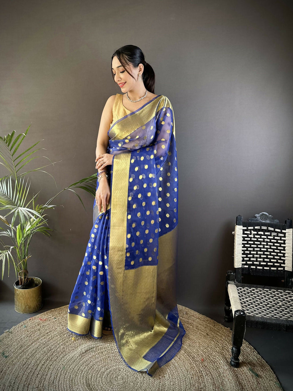 Joban Fashion Royal Blue Polka-Dot Zari Woven Organza Silk Banarasi Silk Saree - Distacart