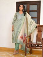 Vaasva Women's Pistachio Tissue Shimmer Digital Printed Suit Set
