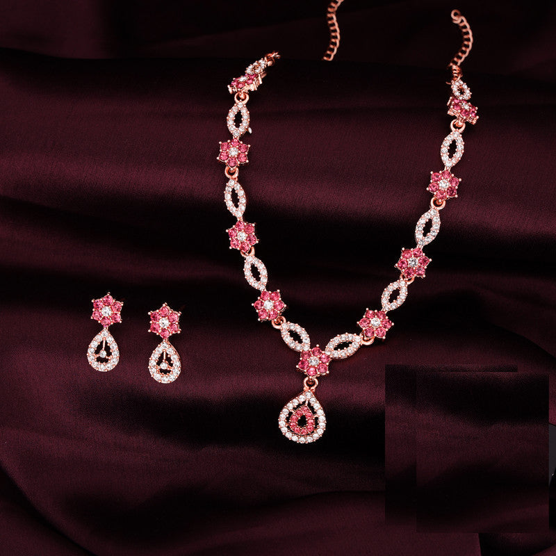 Tehzeeb Creations Elegant Rose Gold Polished American Diamond (Ad) Studded Necklace And Earring Set For Women