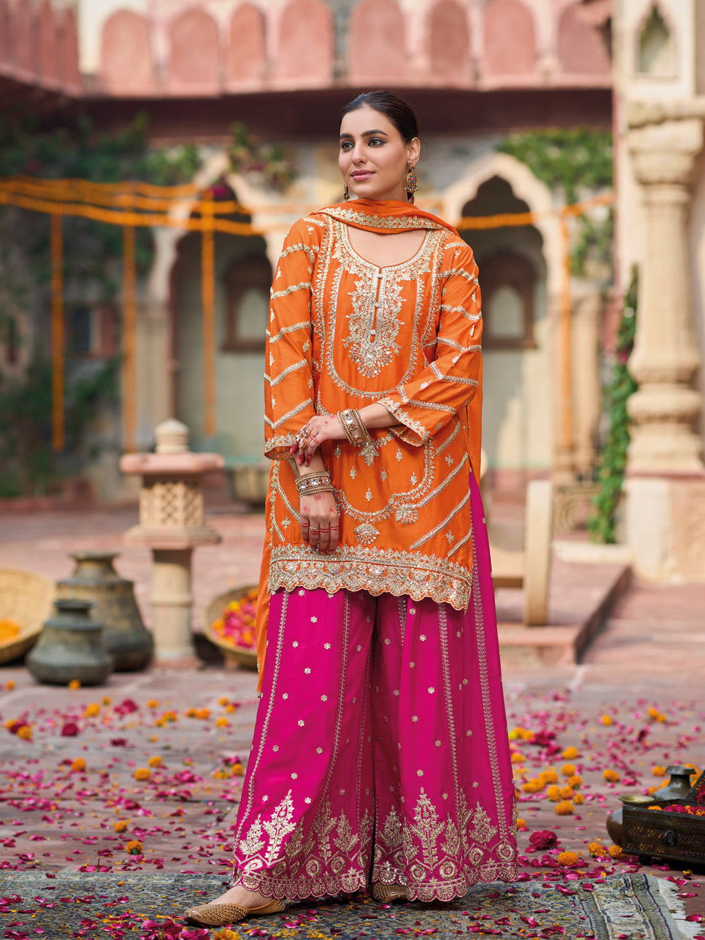 Evanik Orange and Magenta Chinon Silk with Embroidered and Sequence work Palazzo Suit - Distacart