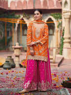 Evanik Orange and Magenta Chinon Silk with Embroidered and Sequence work Palazzo Suit - Distacart