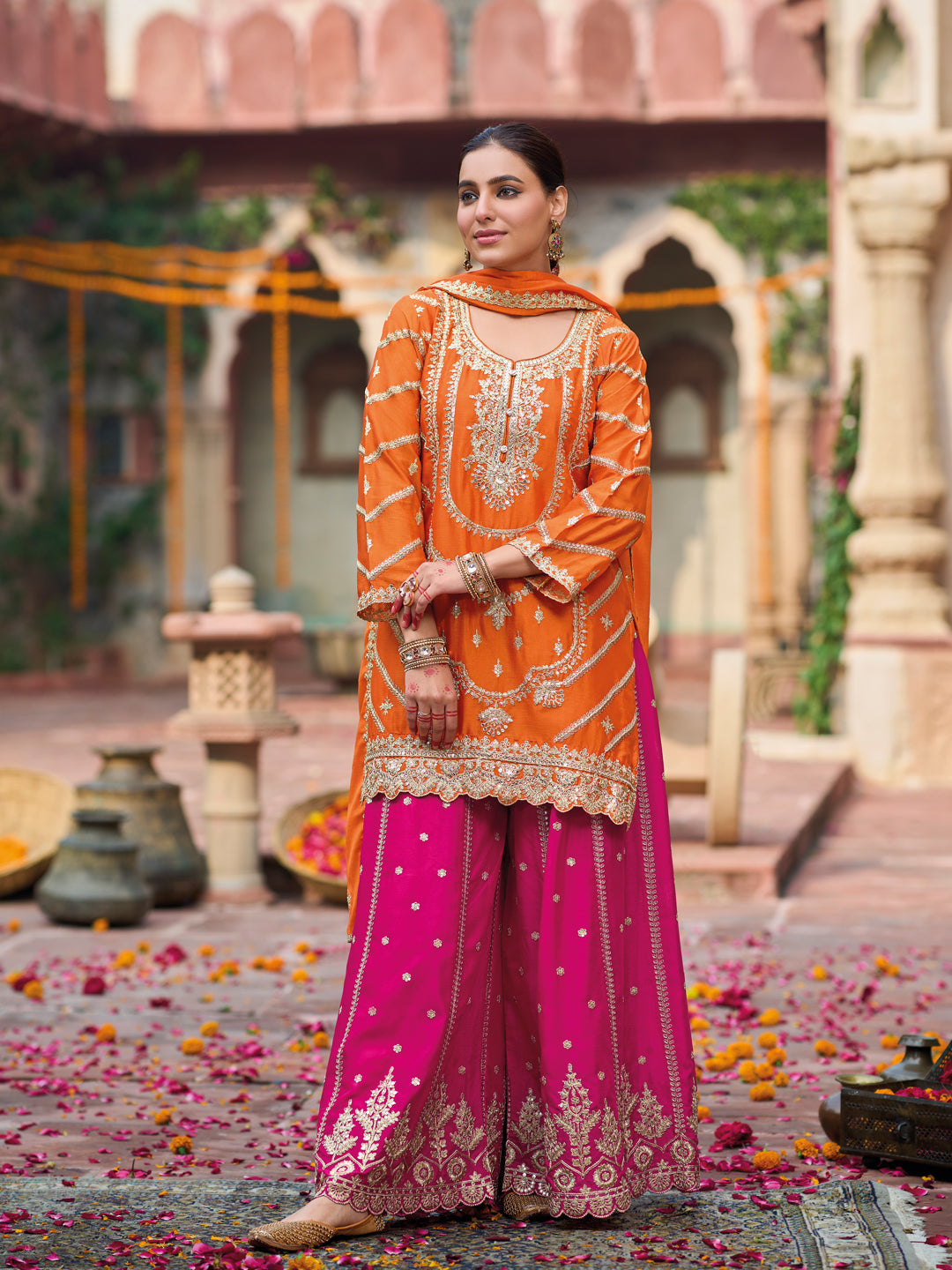 Evanik Orange and Magenta Chinon Silk with Embroidered and Sequence work Palazzo Suit - Distacart