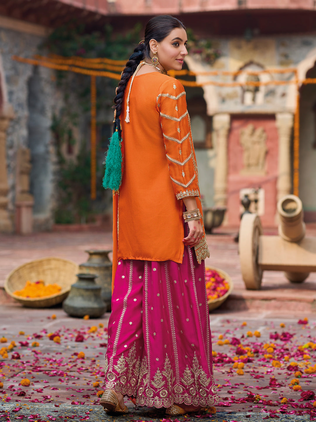 Evanik Orange and Magenta Chinon Silk with Embroidered and Sequence work Palazzo Suit - Distacart