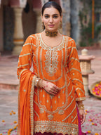 Evanik Orange and Magenta Chinon Silk with Embroidered and Sequence work Palazzo Suit - Distacart
