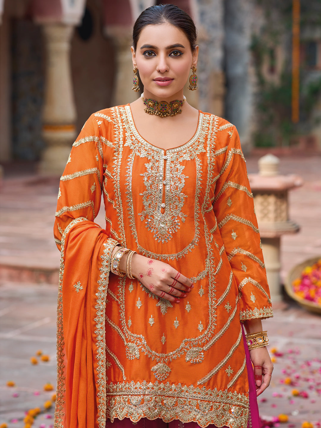 Evanik Orange and Magenta Chinon Silk with Embroidered and Sequence work Palazzo Suit - Distacart
