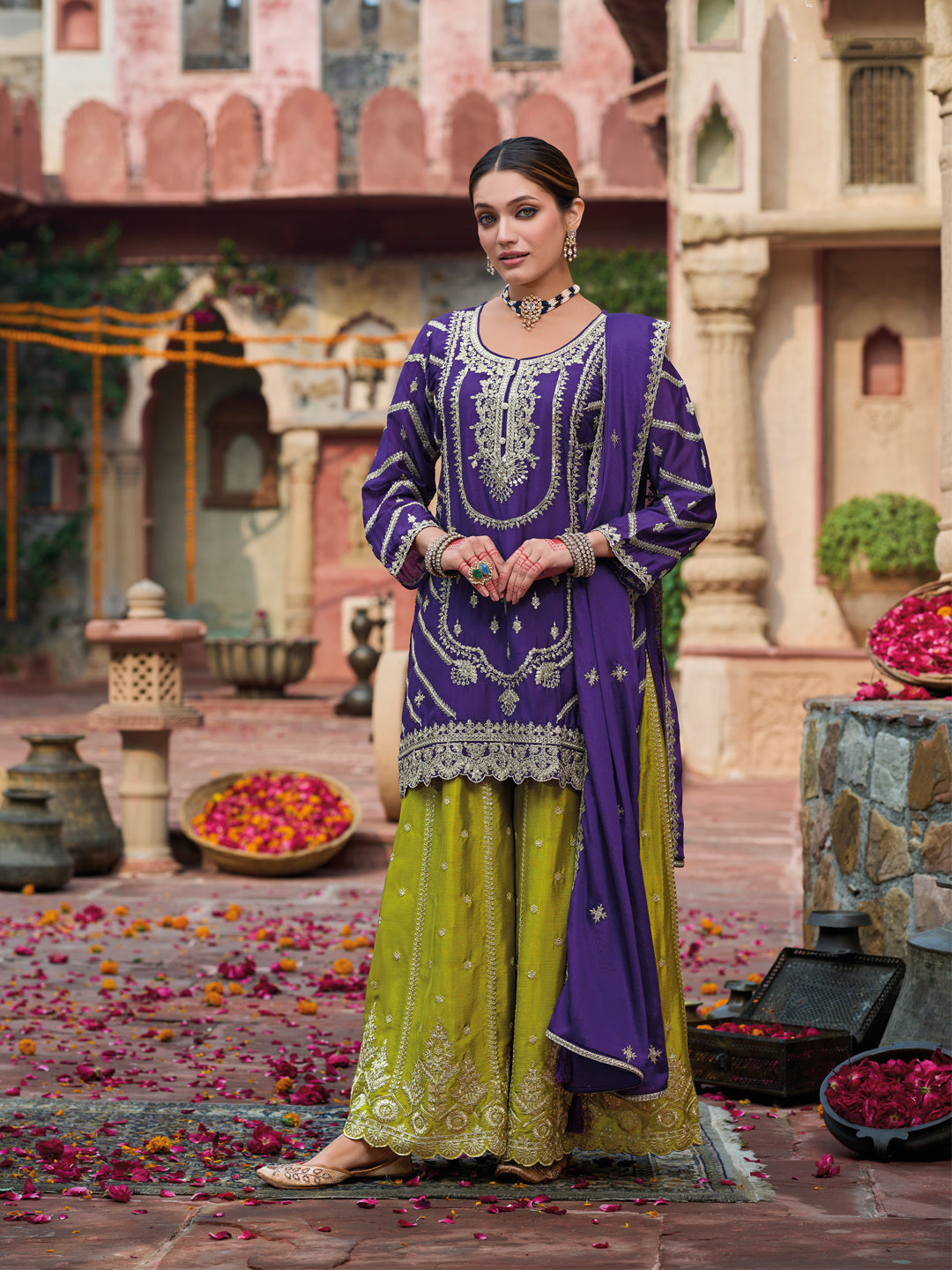 Evanik Purple and Parrot Green Chinon Silk with Embroidered and Sequence work Palazzo Suit - Distacart
