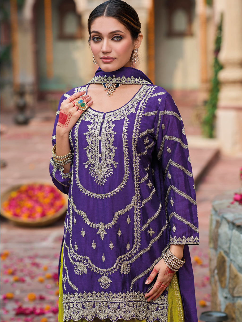 Evanik Purple and Parrot Green Chinon Silk with Embroidered and Sequence work Palazzo Suit - Distacart