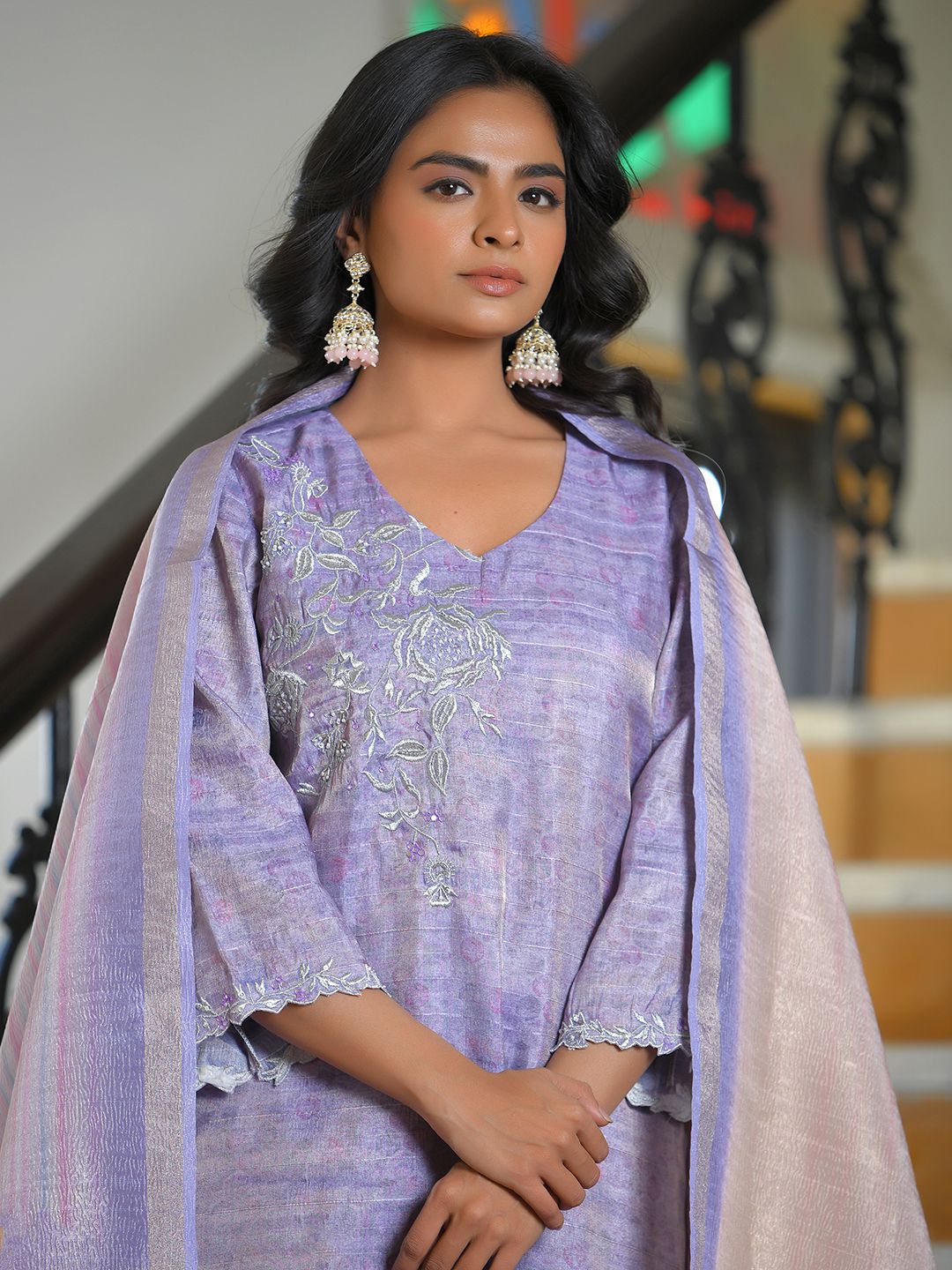 Vaasva Women's Lavender Tissue Shimmer Digital Printed Suit Set