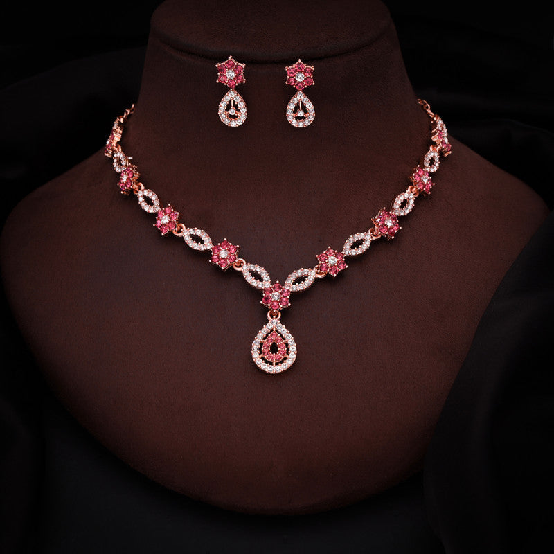 Tehzeeb Creations Elegant Rose Gold Polished American Diamond (Ad) Studded Necklace And Earring Set For Women